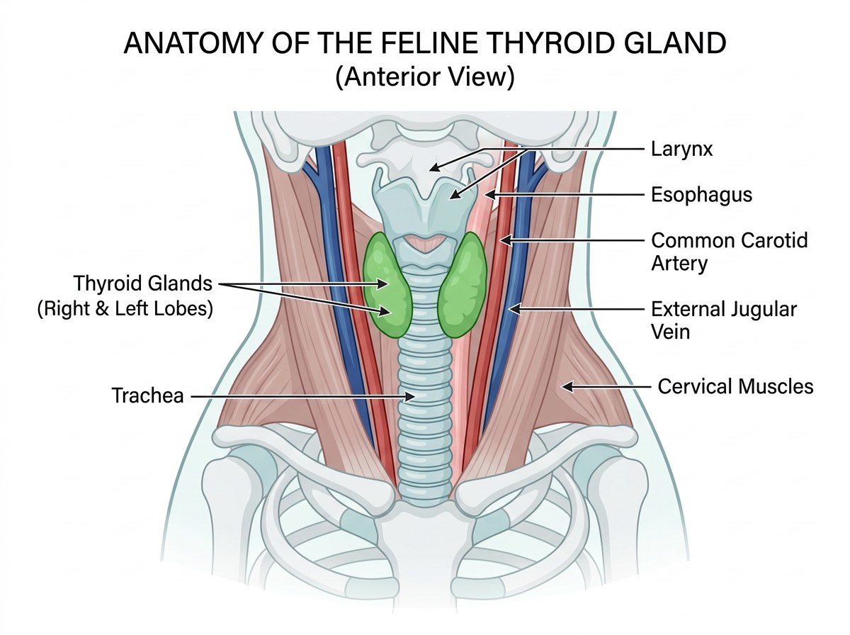 Anatomy illustration showing the thyroid gland location in a cat