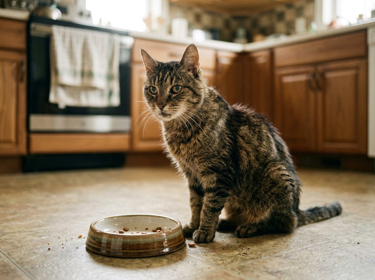 Senior cat with visible weight loss sitting near a food bowl, a common sign of hyperthyroidism