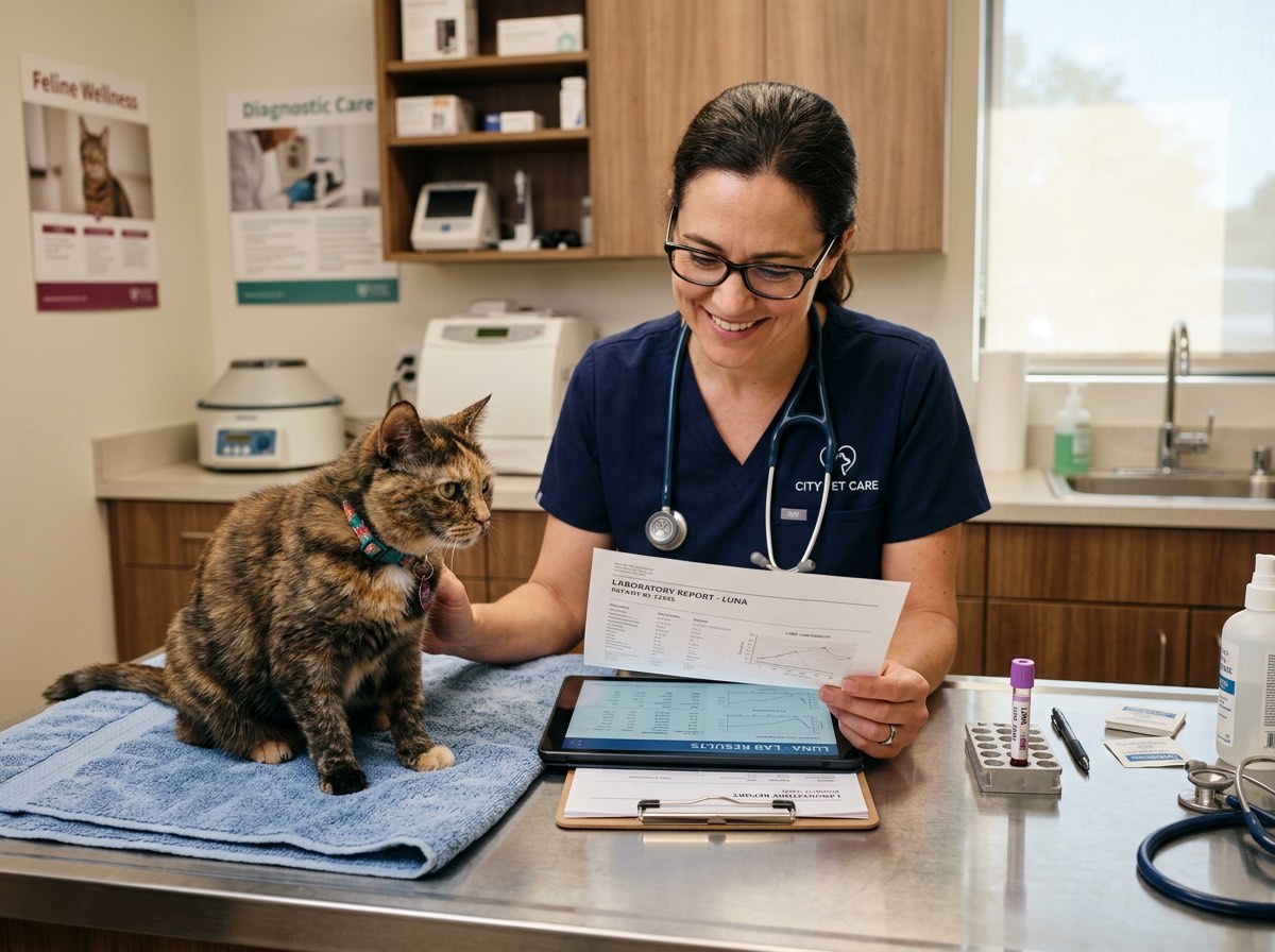 Veterinarian reviewing blood work results with a cat on the exam table