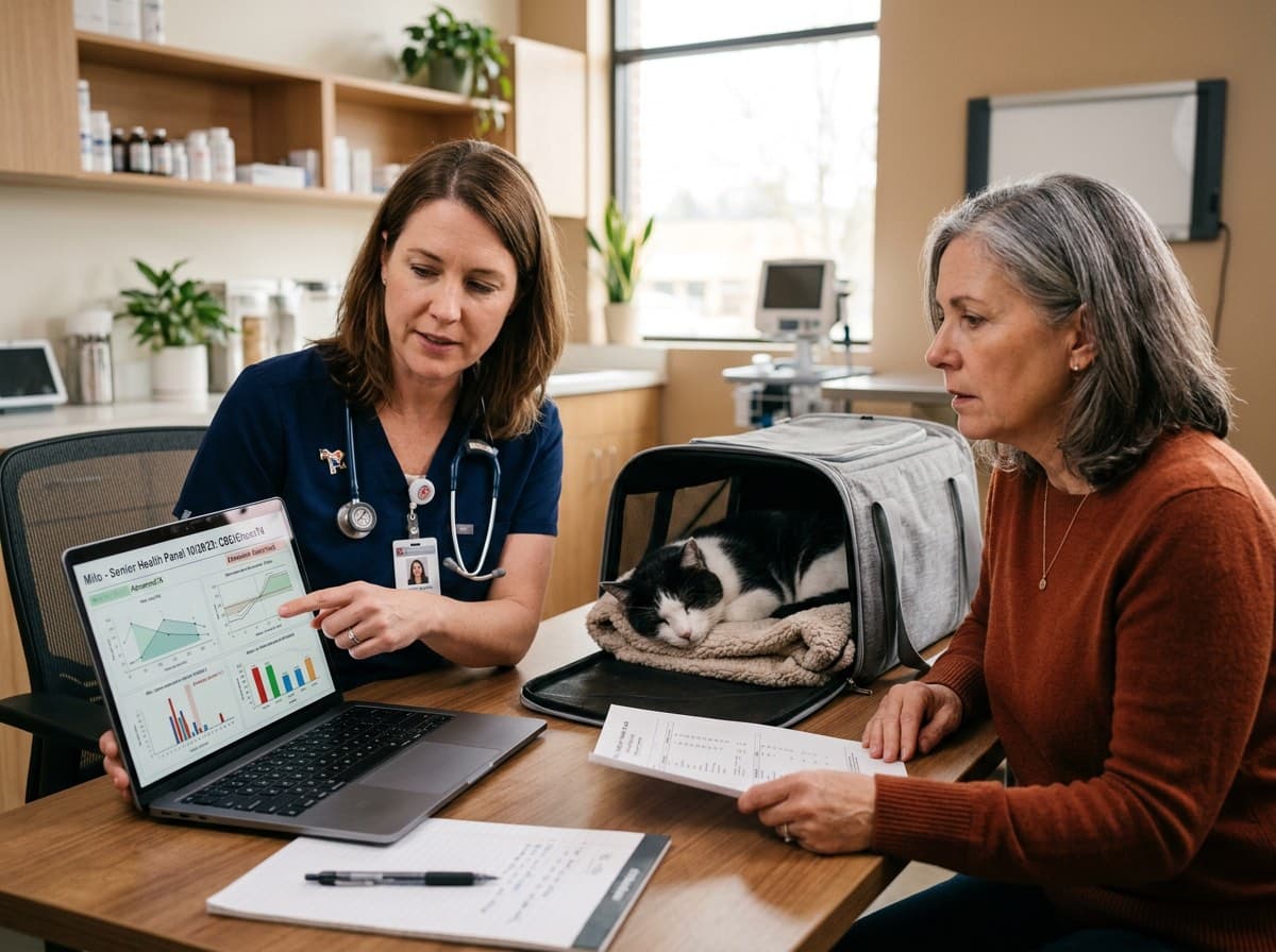 Veterinarian discussing blood work results with a concerned cat owner