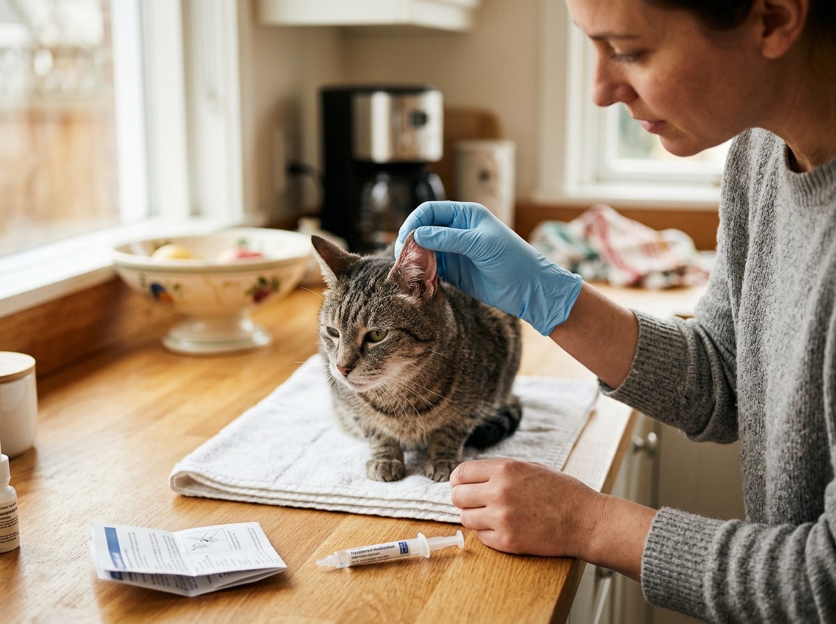 Cat owner applying transdermal medication to the inner ear of a senior cat