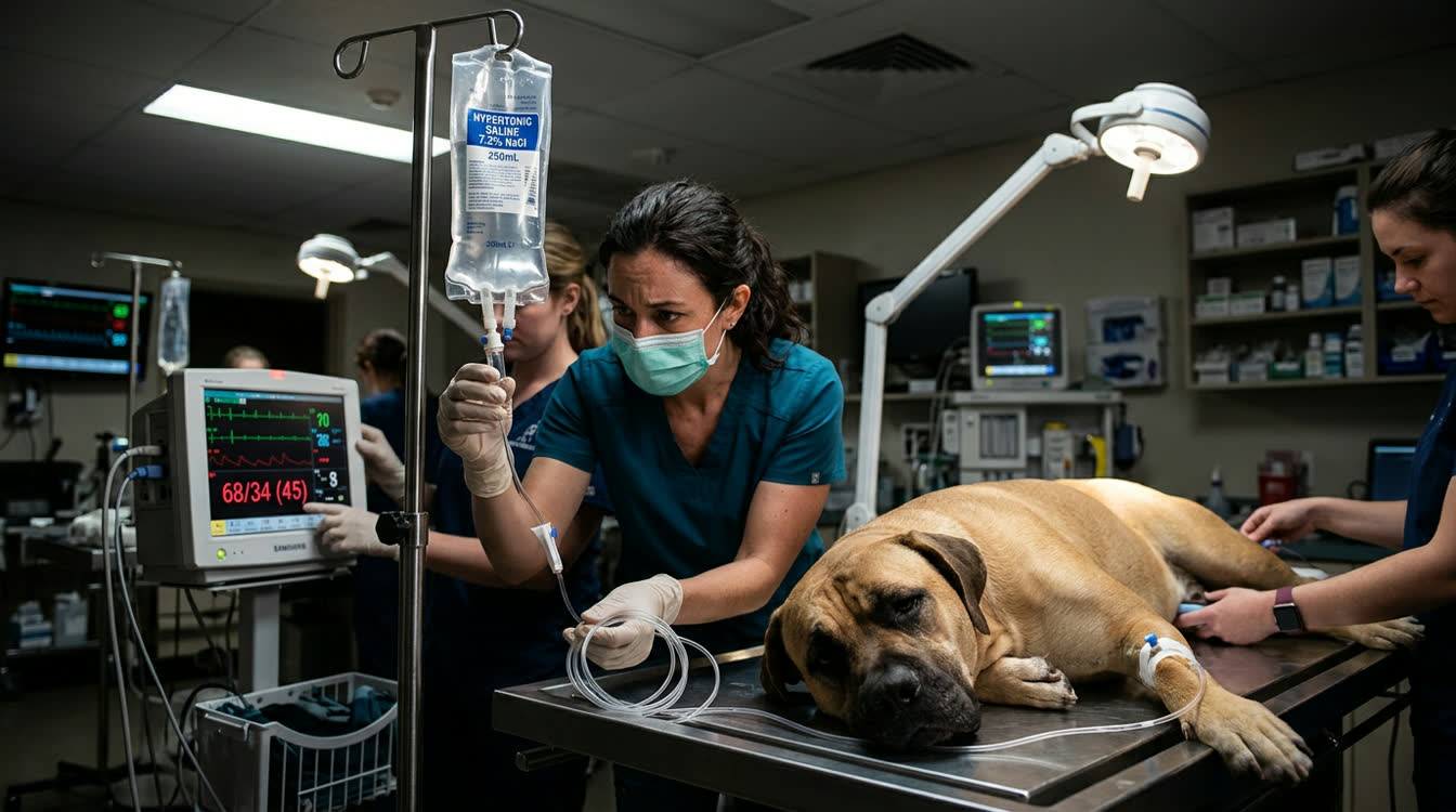 Emergency resuscitation of a trauma dog with hypertonic saline IV administration and blood pressure monitoring