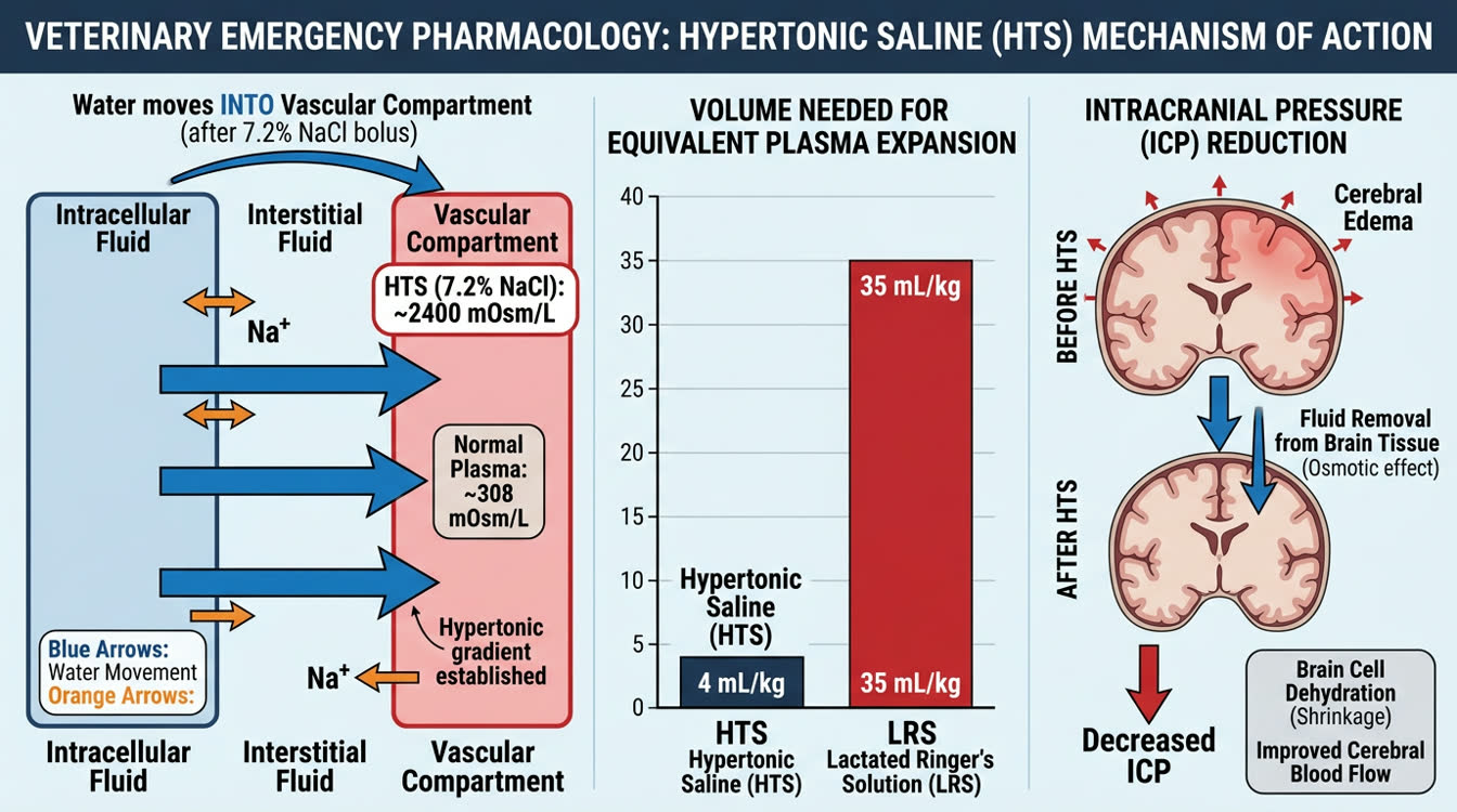 Hypertonic saline mechanism diagram showing osmotic fluid shift from intracellular to vascular compartment in dogs