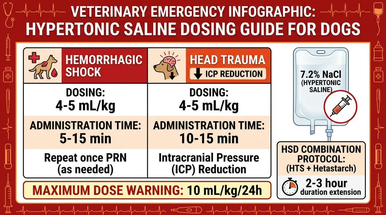 Hypertonic saline dosing protocol for dogs with hemorrhagic shock and head trauma indications