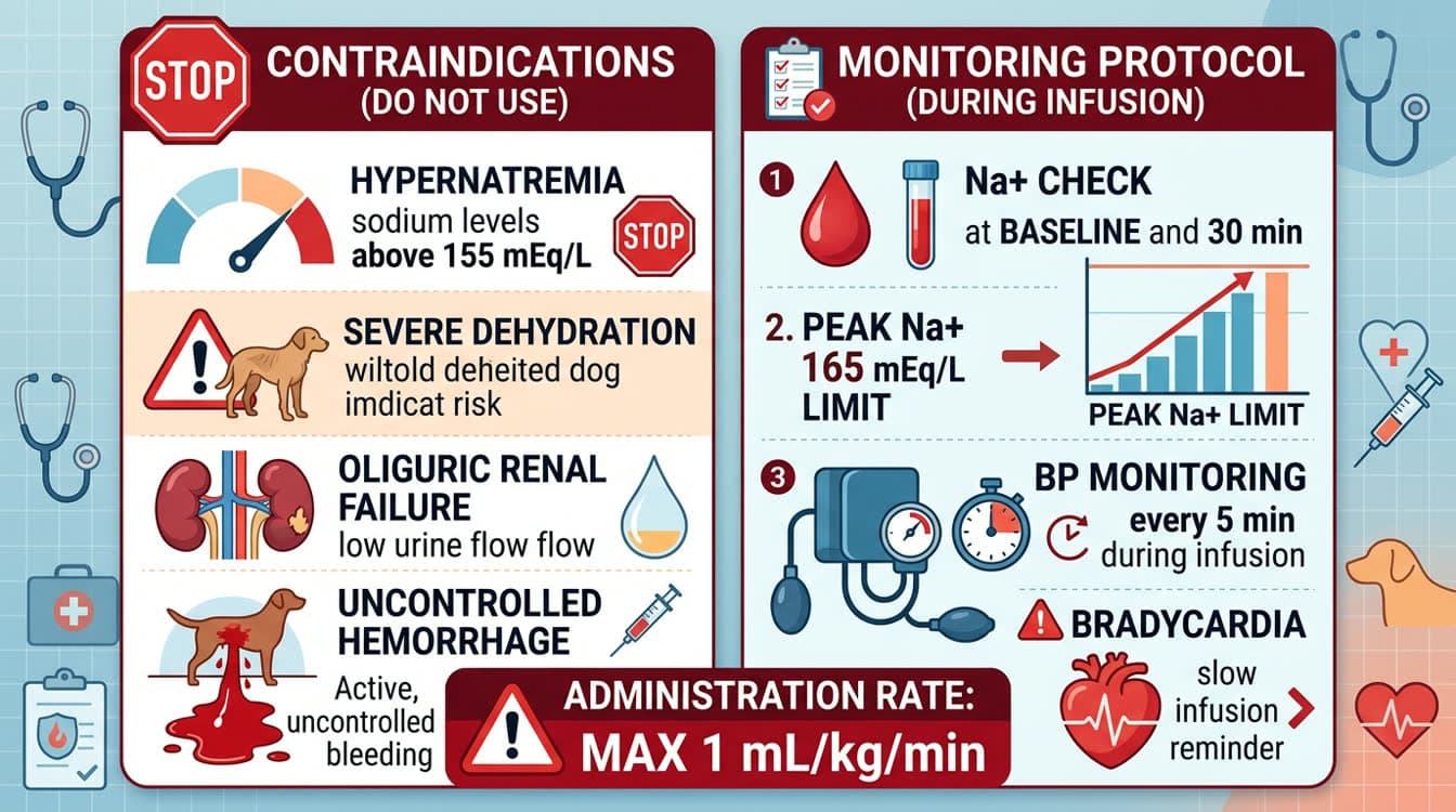 Hypertonic saline contraindications and monitoring protocol for dogs showing sodium threshold and adverse effects