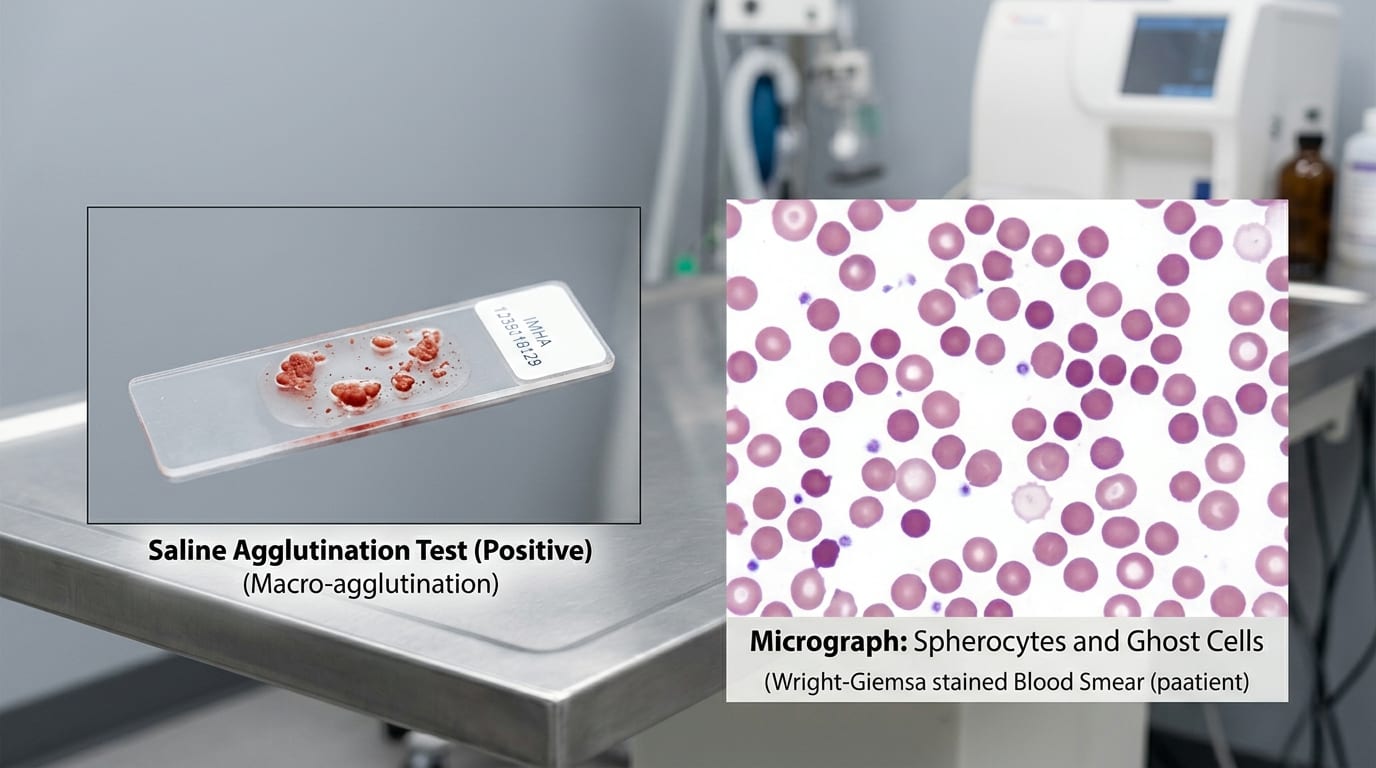 Blood smear showing spherocytes and autoagglutination in a dog with IMHA and a jaundiced sclera