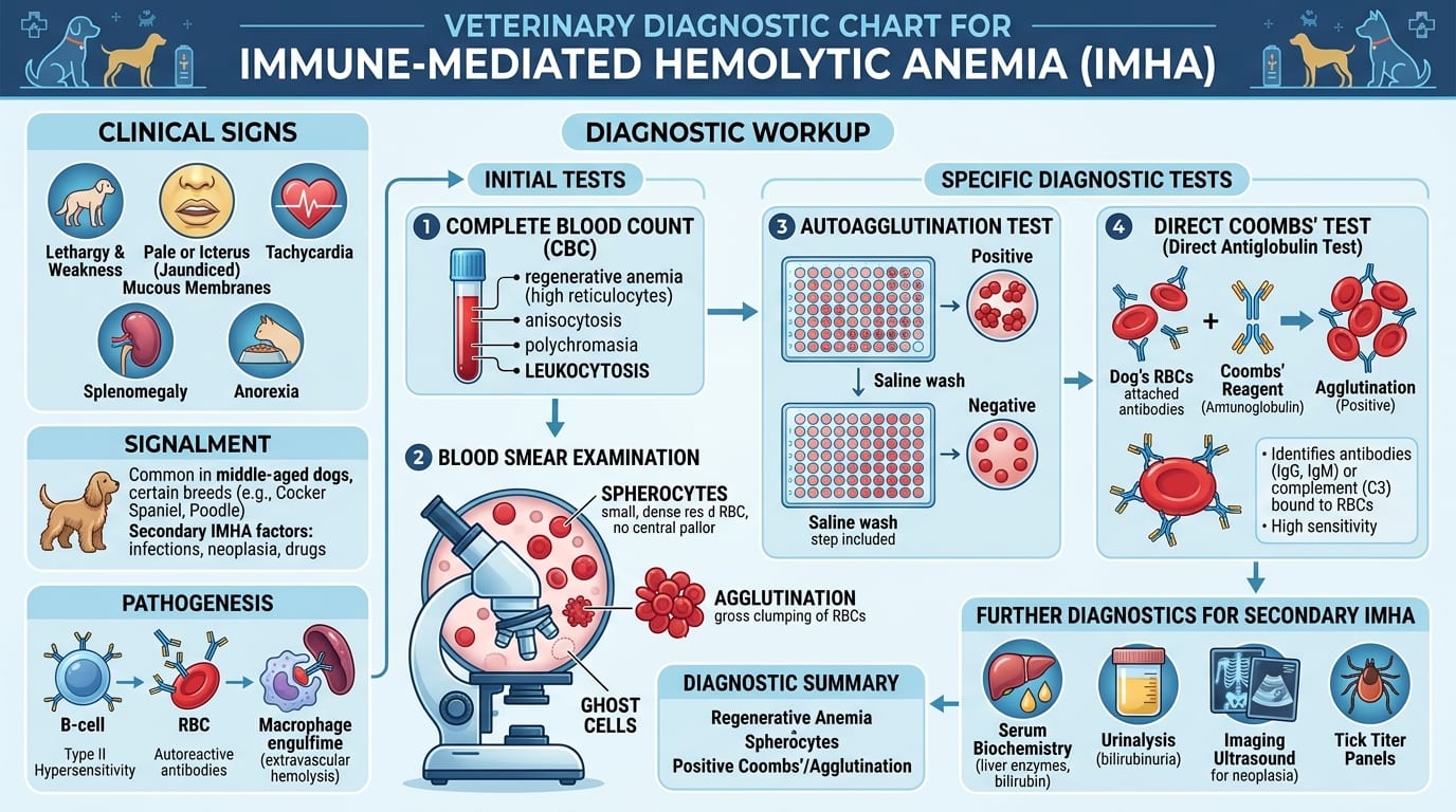 IMHA treatment protocol flowchart with prednisolone dosing, mycophenolate, and transfusion thresholds