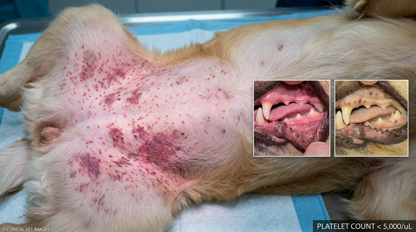Dog with severe petechiae and ecchymoses on the ventral abdomen from ITP platelet count below 5000