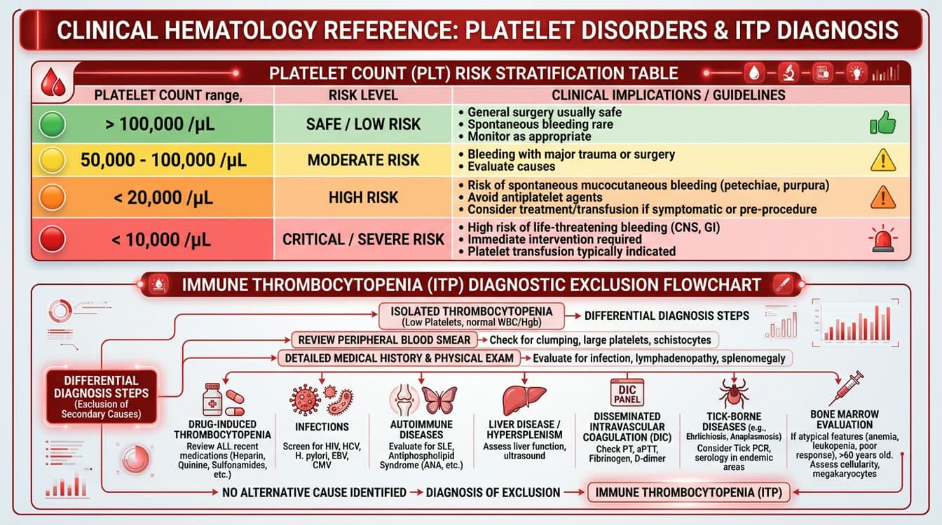 Platelet count bleeding risk chart and diagnostic algorithm for differentiating ITP from other thrombocytopenias