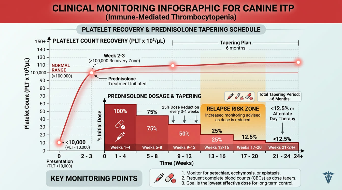 ITP platelet count recovery curve and prednisolone tapering schedule over 3-6 months