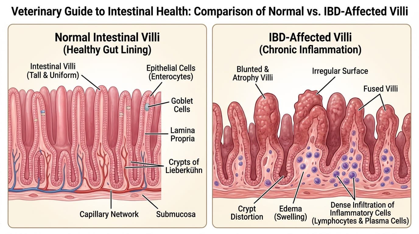 Illustration of normal vs inflamed intestinal villi in IBD