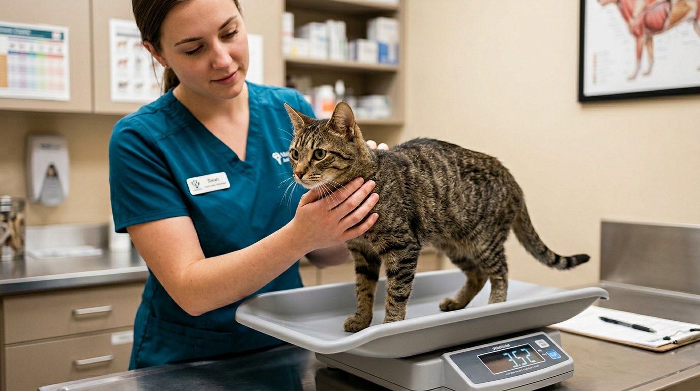 Thin cat being weighed at a veterinary visit for chronic weight loss evaluation