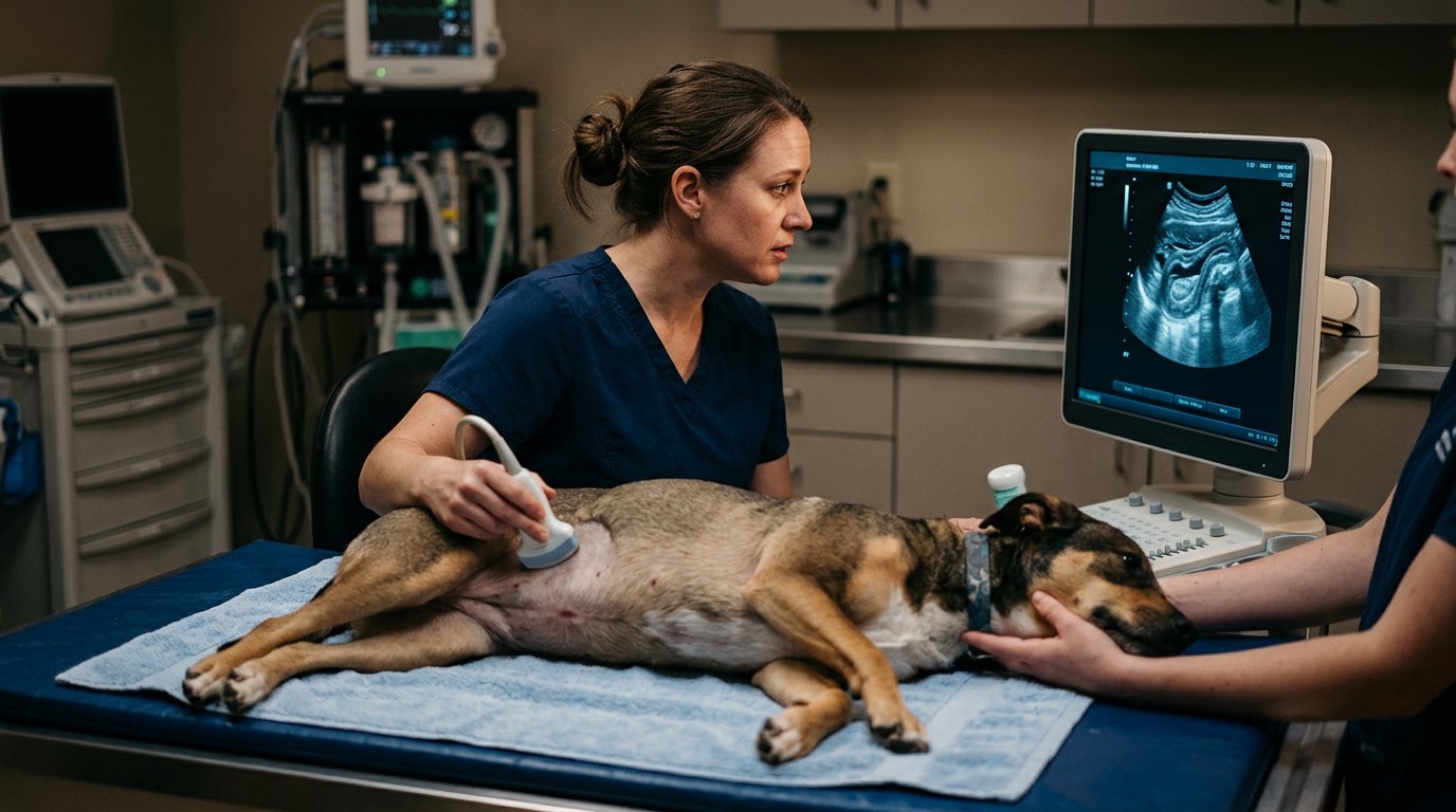 Abdominal ultrasound showing thickened intestinal walls in a dog with IBD