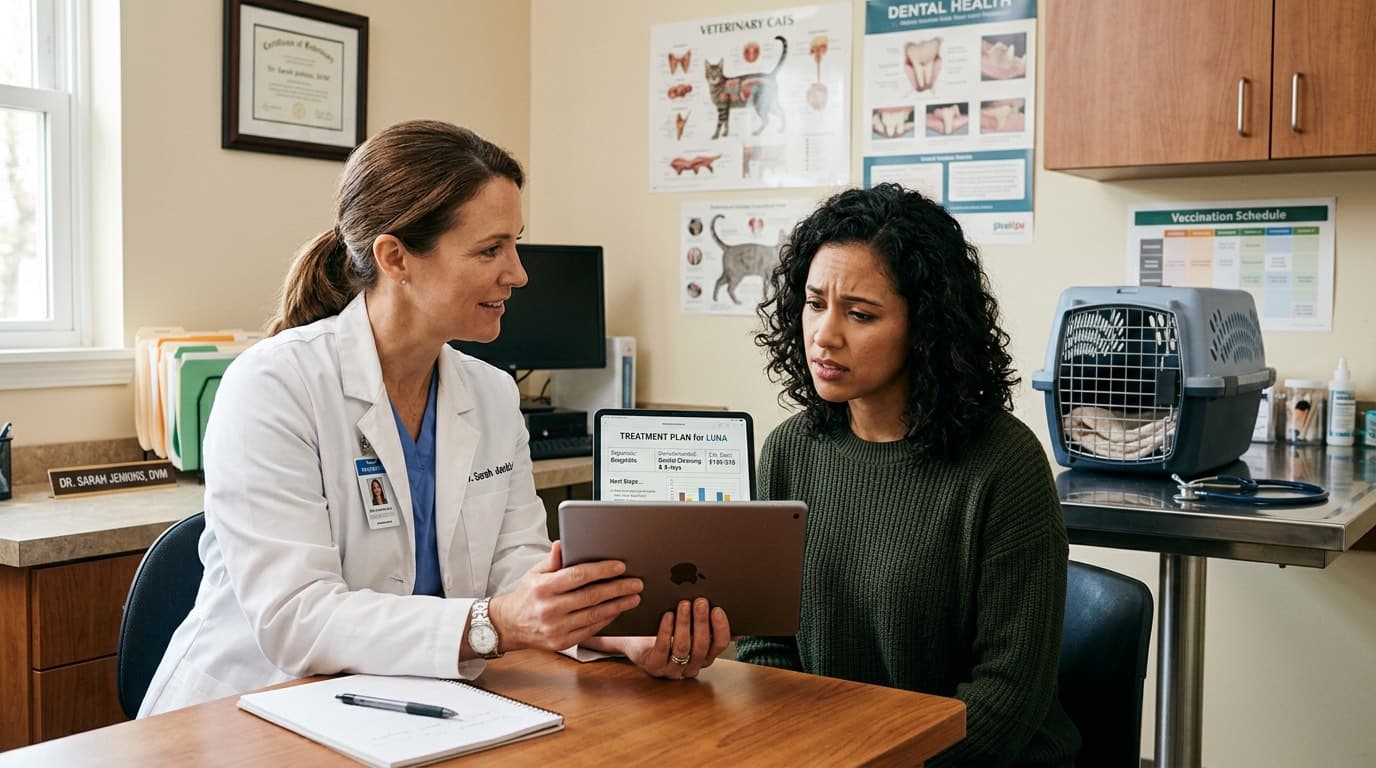 Veterinarian discussing IBD treatment plan with a pet owner