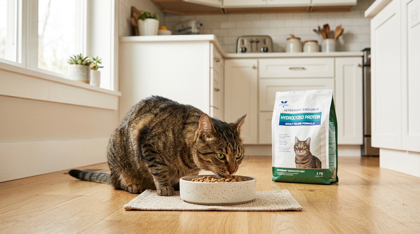 Healthy cat eating a hydrolyzed protein diet from a food bowl
