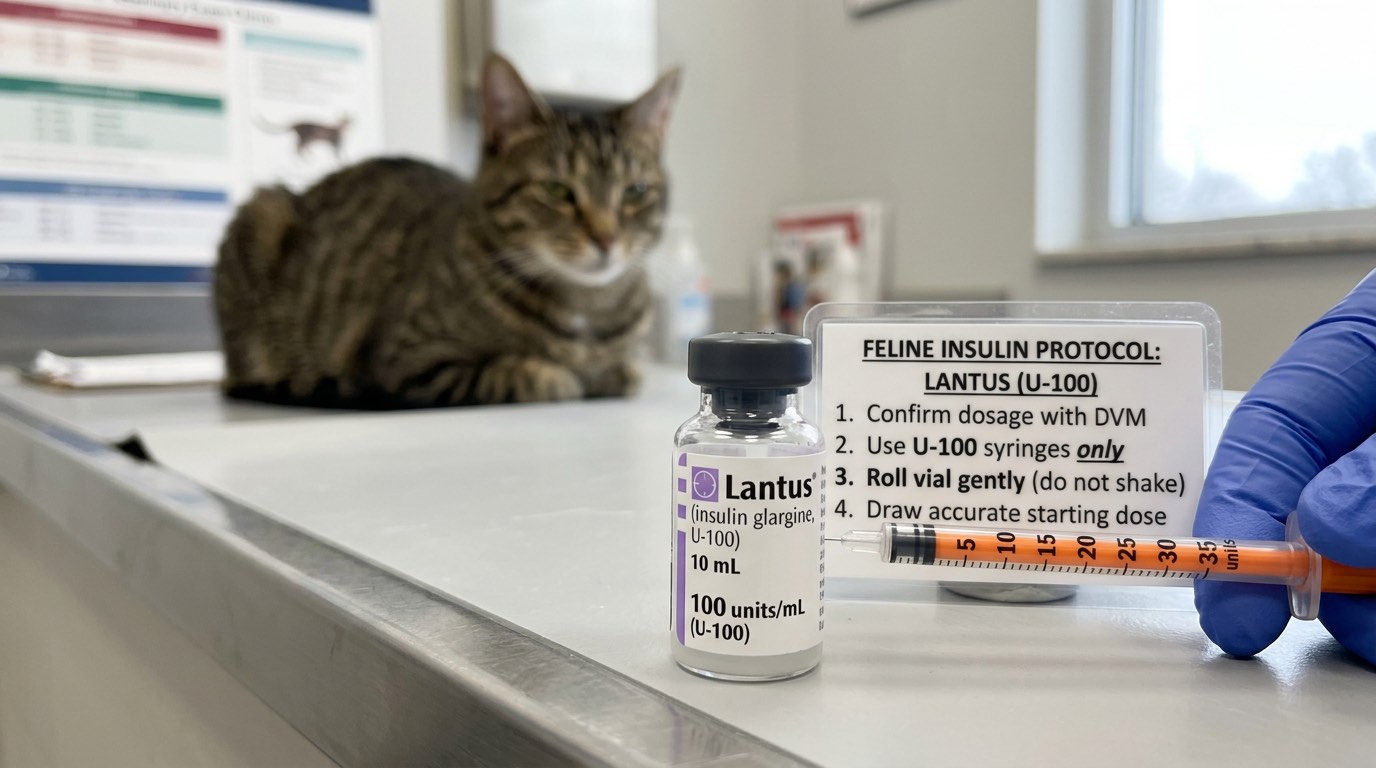 Insulin glargine Lantus vial and U-100 syringe for feline diabetic management