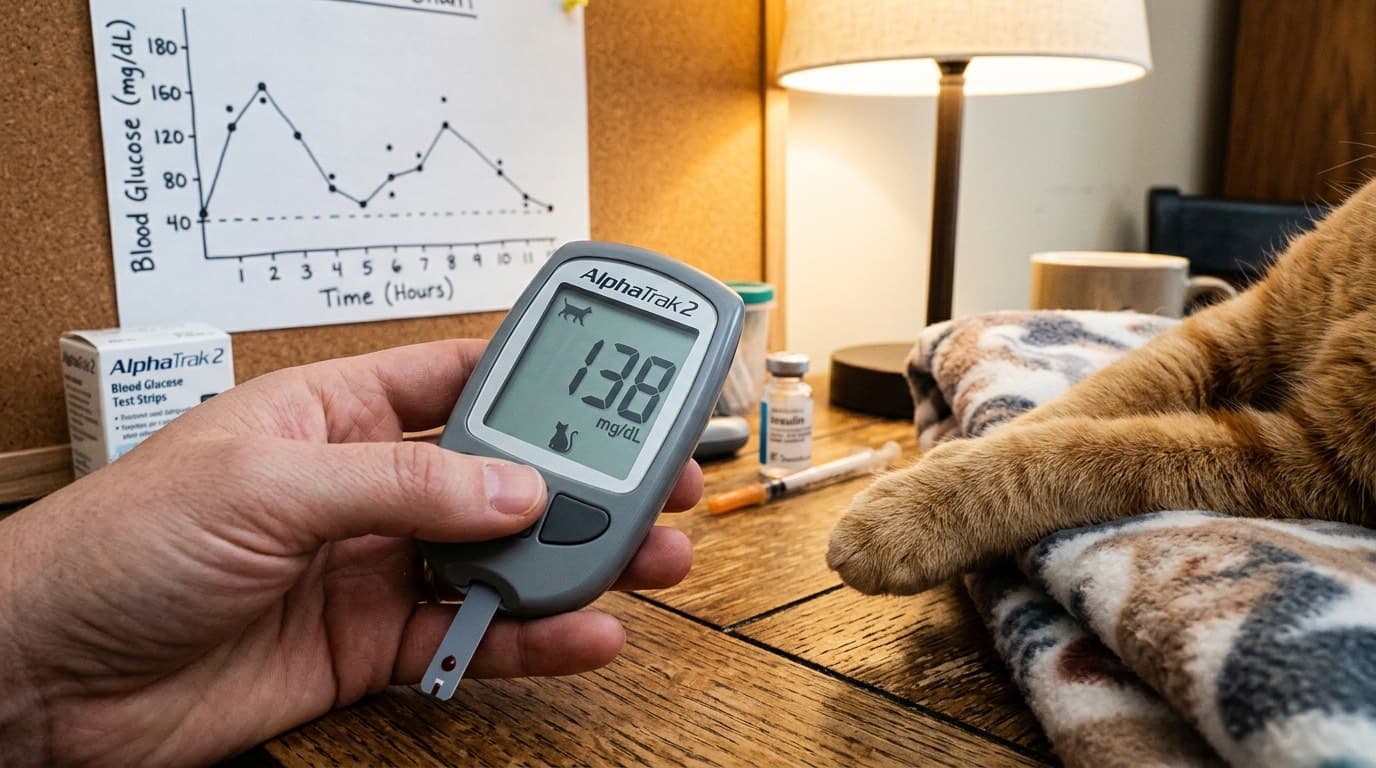 AlphaTrak glucometer showing blood glucose reading from a diabetic cat