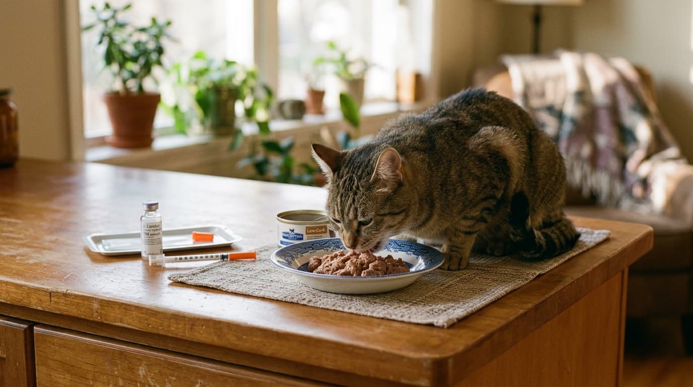 Diabetic cat eating low-carbohydrate wet food as part of remission protocol