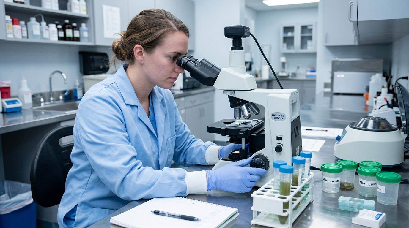 Veterinarian examining a fecal sample under microscope for intestinal parasites