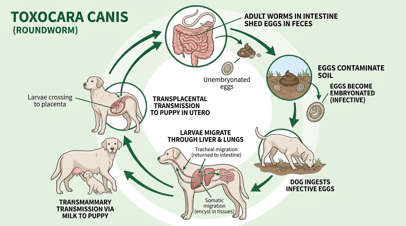 Diagram showing roundworm life cycle in dogs including transplacental and soil transmission