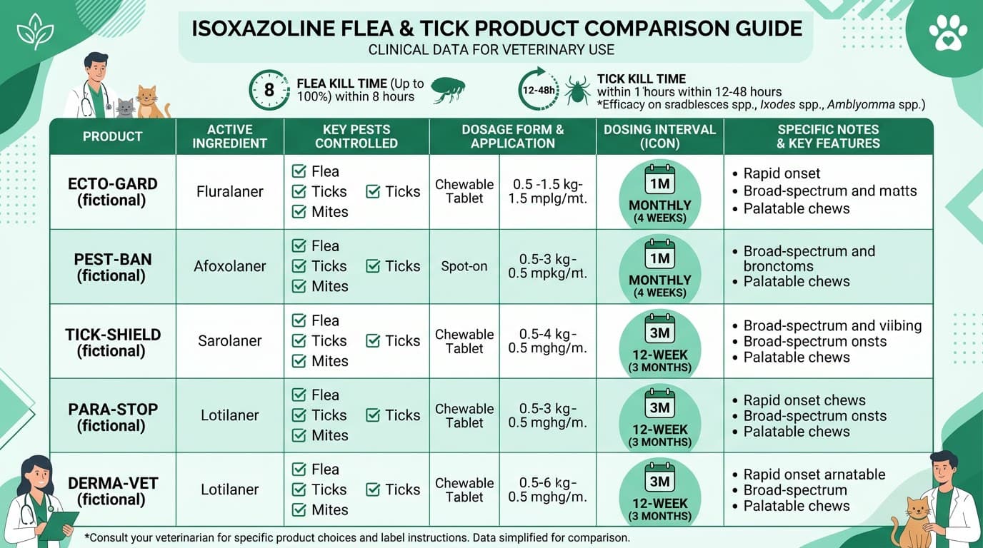 Isoxazoline product comparison chart showing kill times and dosing for NexGard, Bravecto, Simparica