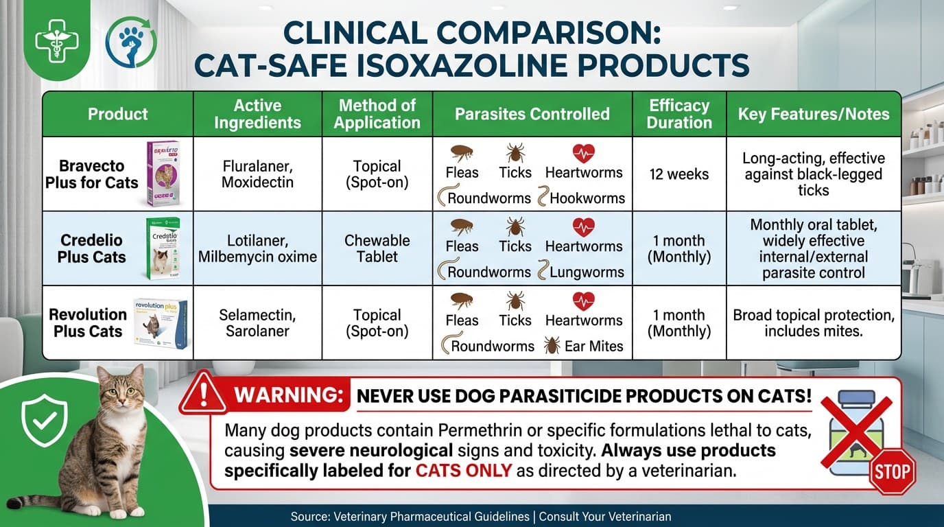 Cat-approved isoxazoline products Bravecto Plus and Credelio Plus with dosing information