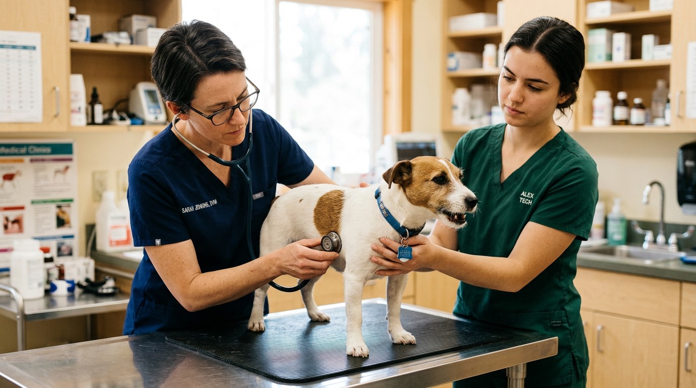 Veterinarian auscultating a coughing dog with a stethoscope