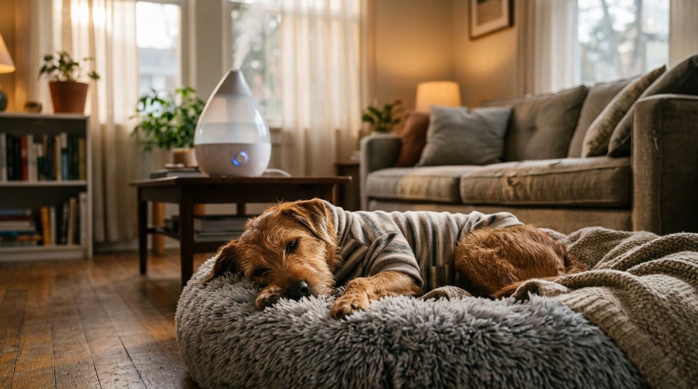 Dog resting at home with a humidifier running during kennel cough recovery