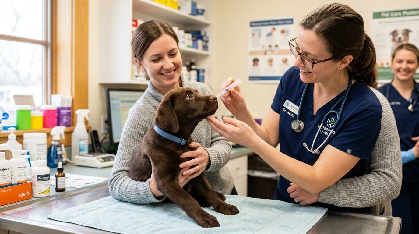 Veterinarian administering an intranasal Bordetella vaccine to a puppy