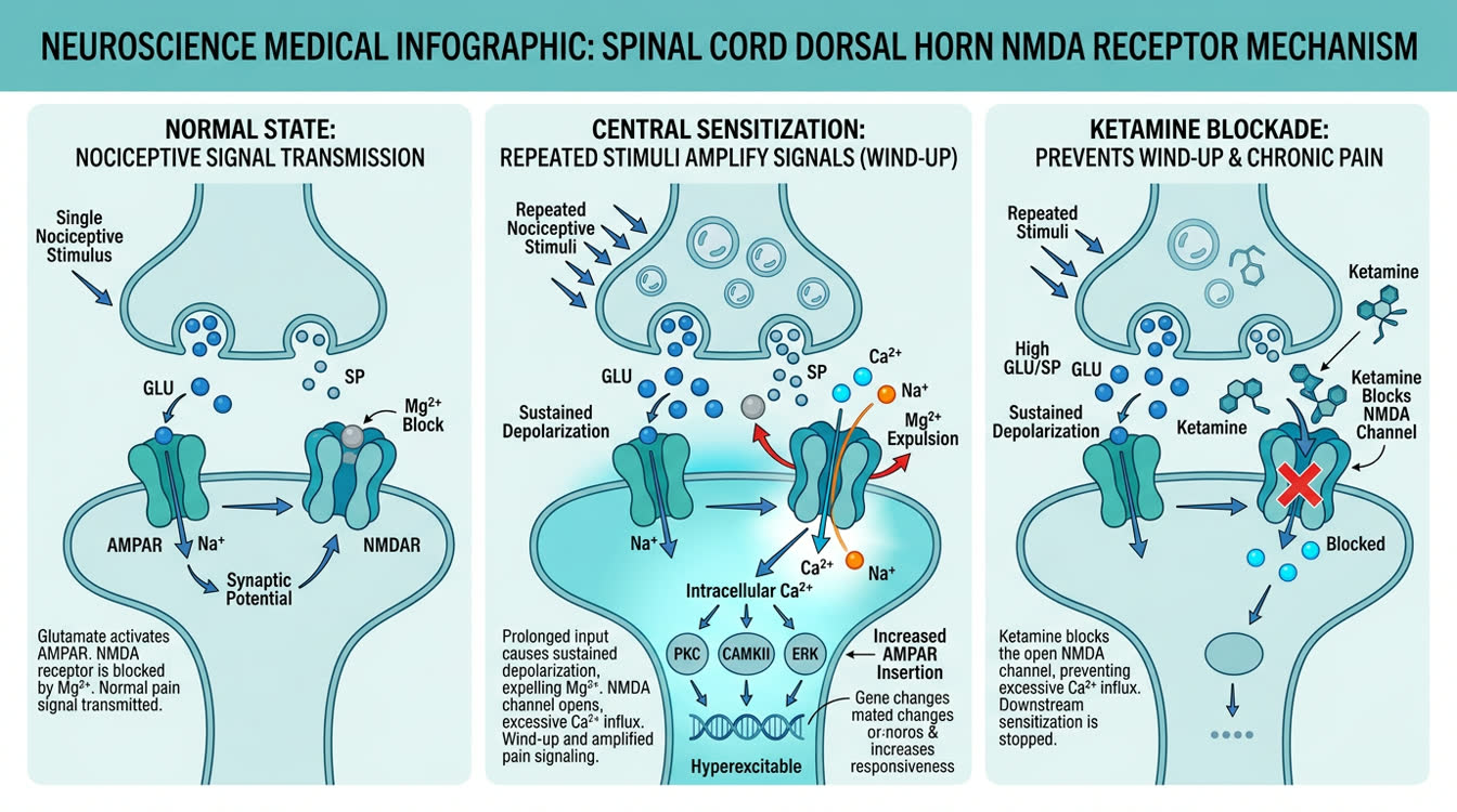 NMDA receptor mechanism diagram showing ketamine blocking central sensitization
