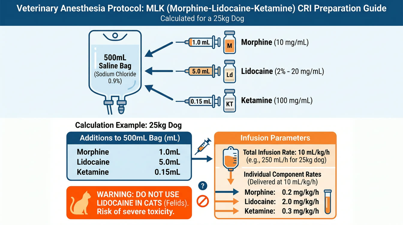 MLK CRI protocol preparation guide with ketamine, morphine, lidocaine doses