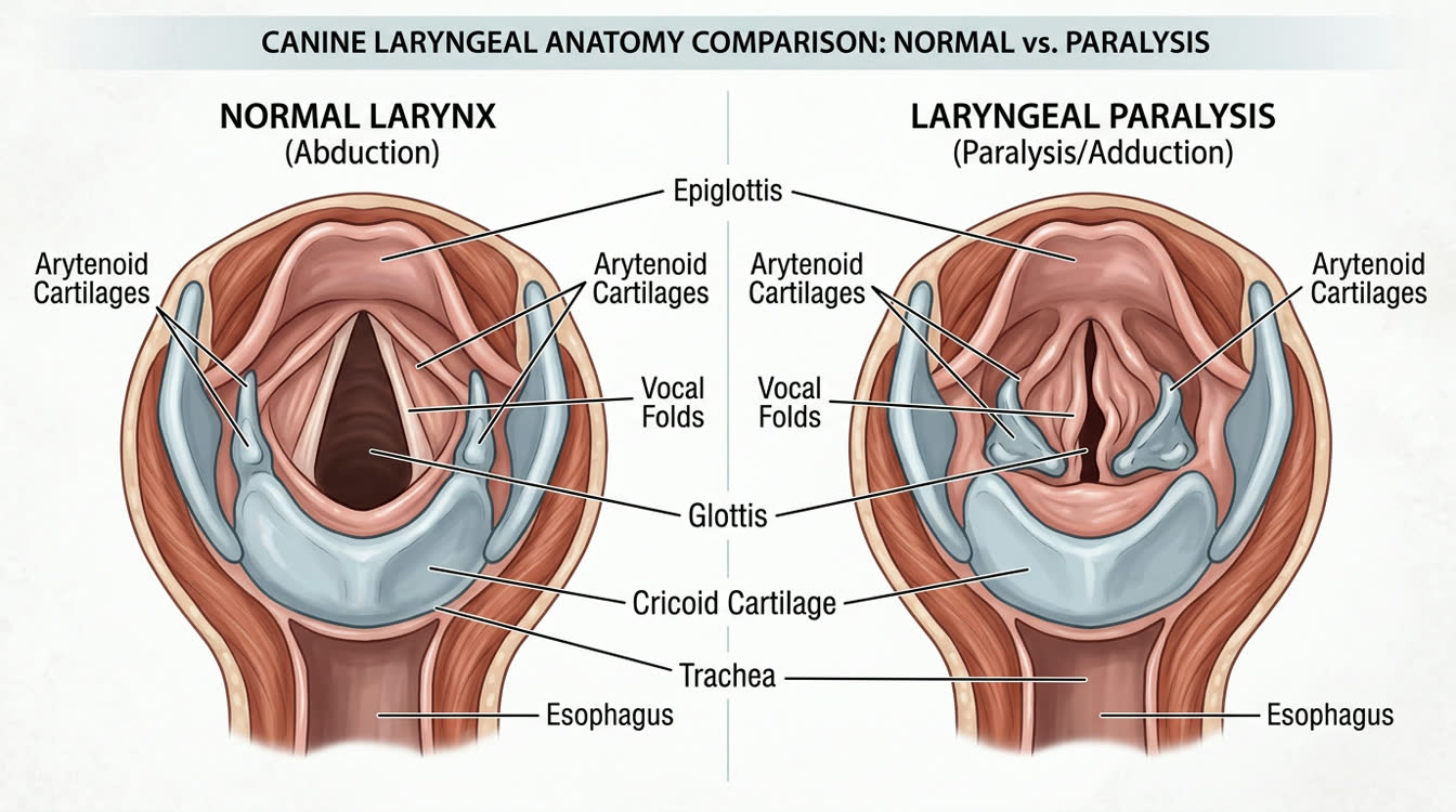 Diagram comparing normal arytenoid abduction vs paralyzed arytenoids in laryngeal paralysis