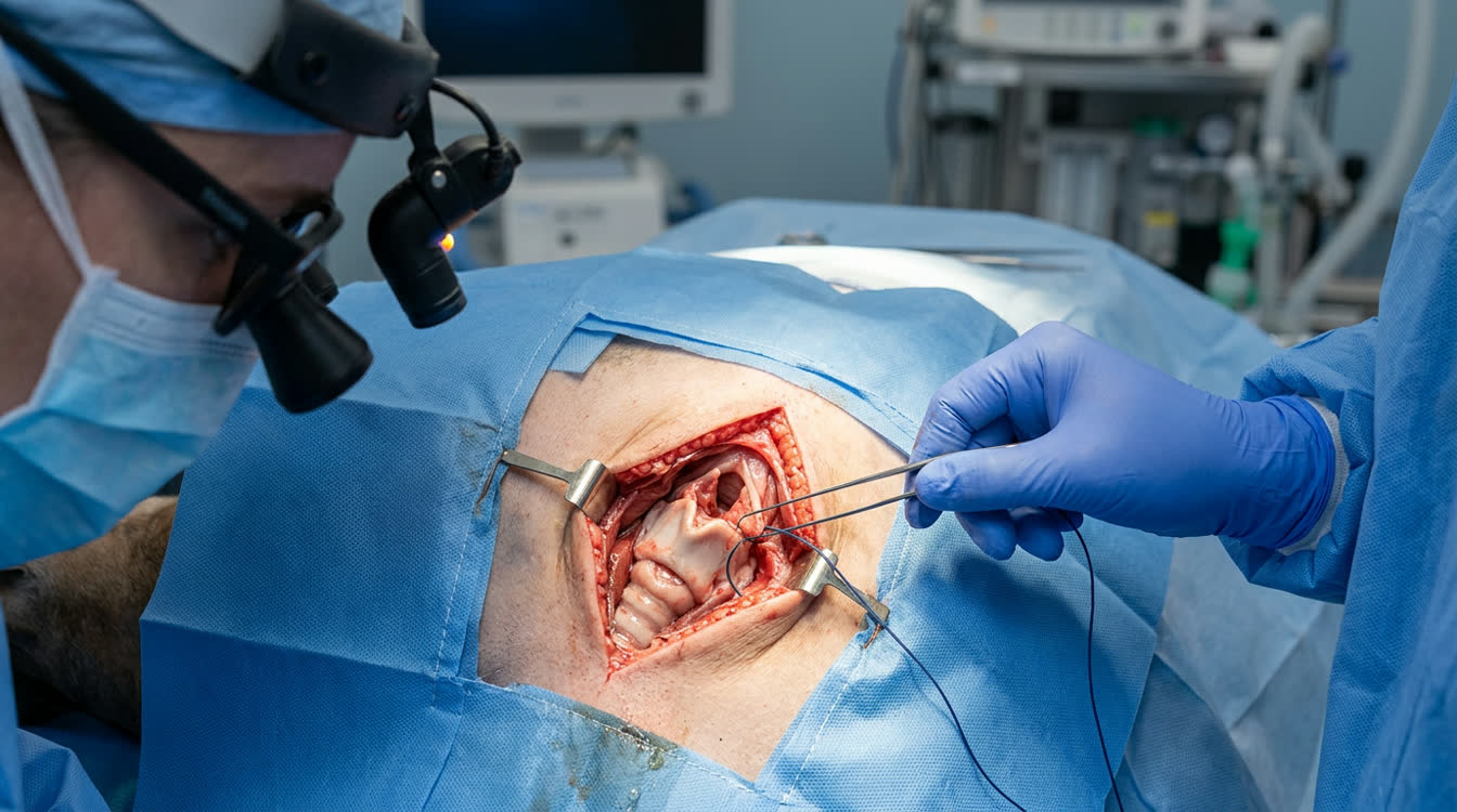 Surgical view of unilateral arytenoid lateralization tieback procedure in a dog