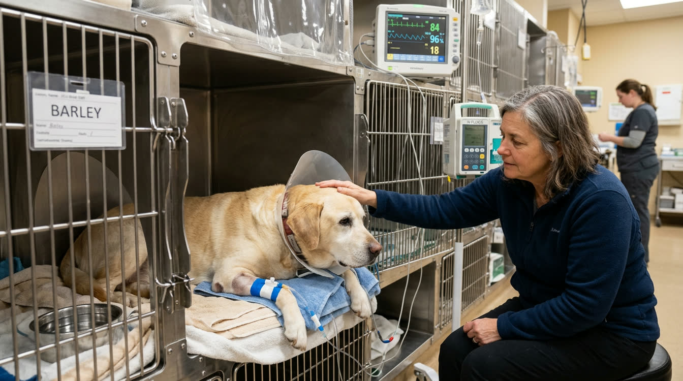 Senior Labrador Retriever in post-surgical recovery after tieback surgery for laryngeal paralysis
