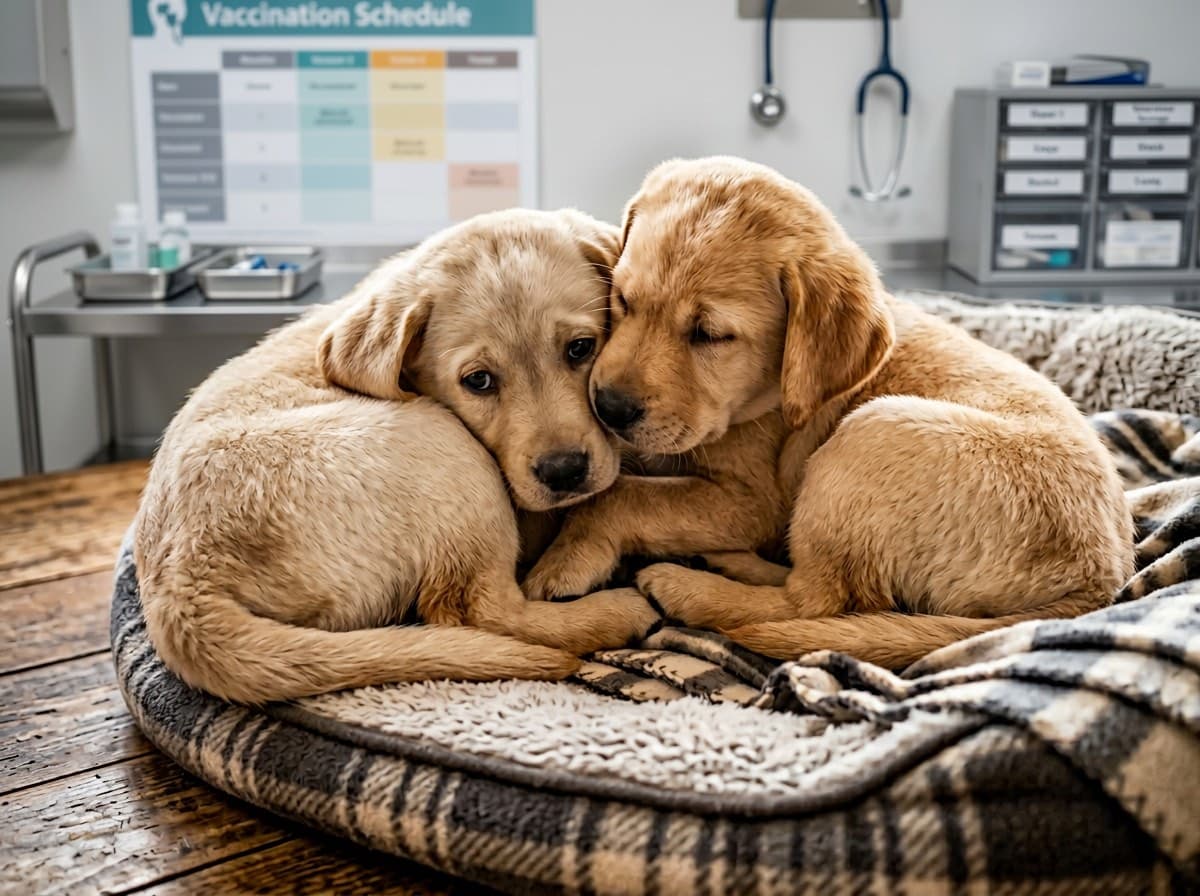 Two sibling puppies showing co-dependent behavior
