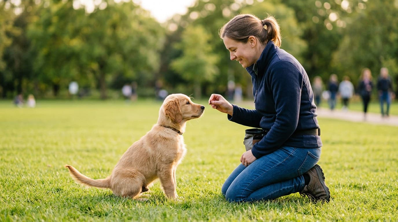 Owner training a single puppy separately for independent socialization