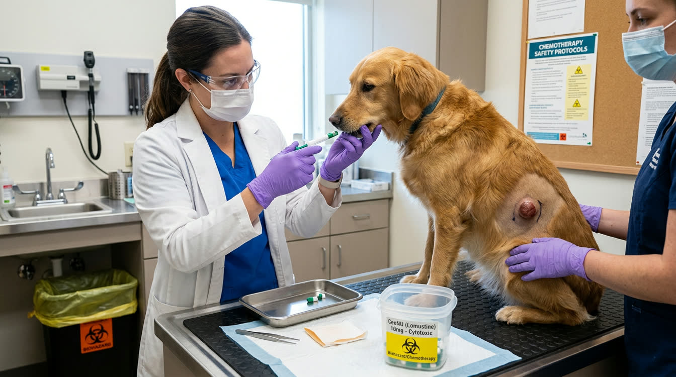 Veterinary oncologist administering lomustine oral chemotherapy capsule to a dog with mast cell tumor