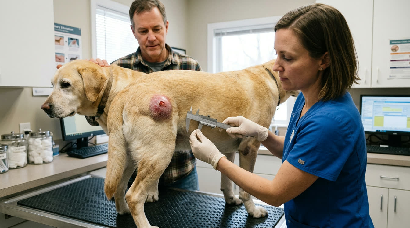 Dog with a large grade 2 mast cell tumor on the flank being evaluated for lomustine chemotherapy