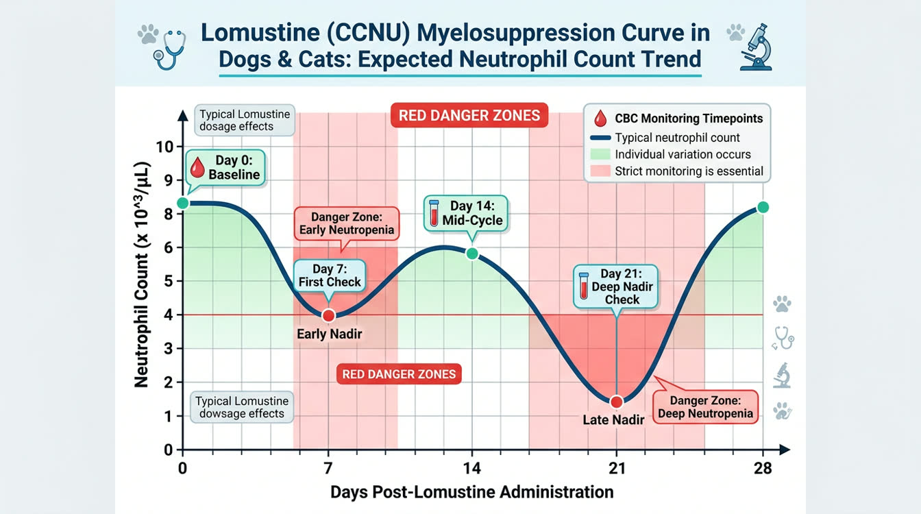 Graph showing lomustine biphasic myelosuppression curve with nadir at day 7 and day 21