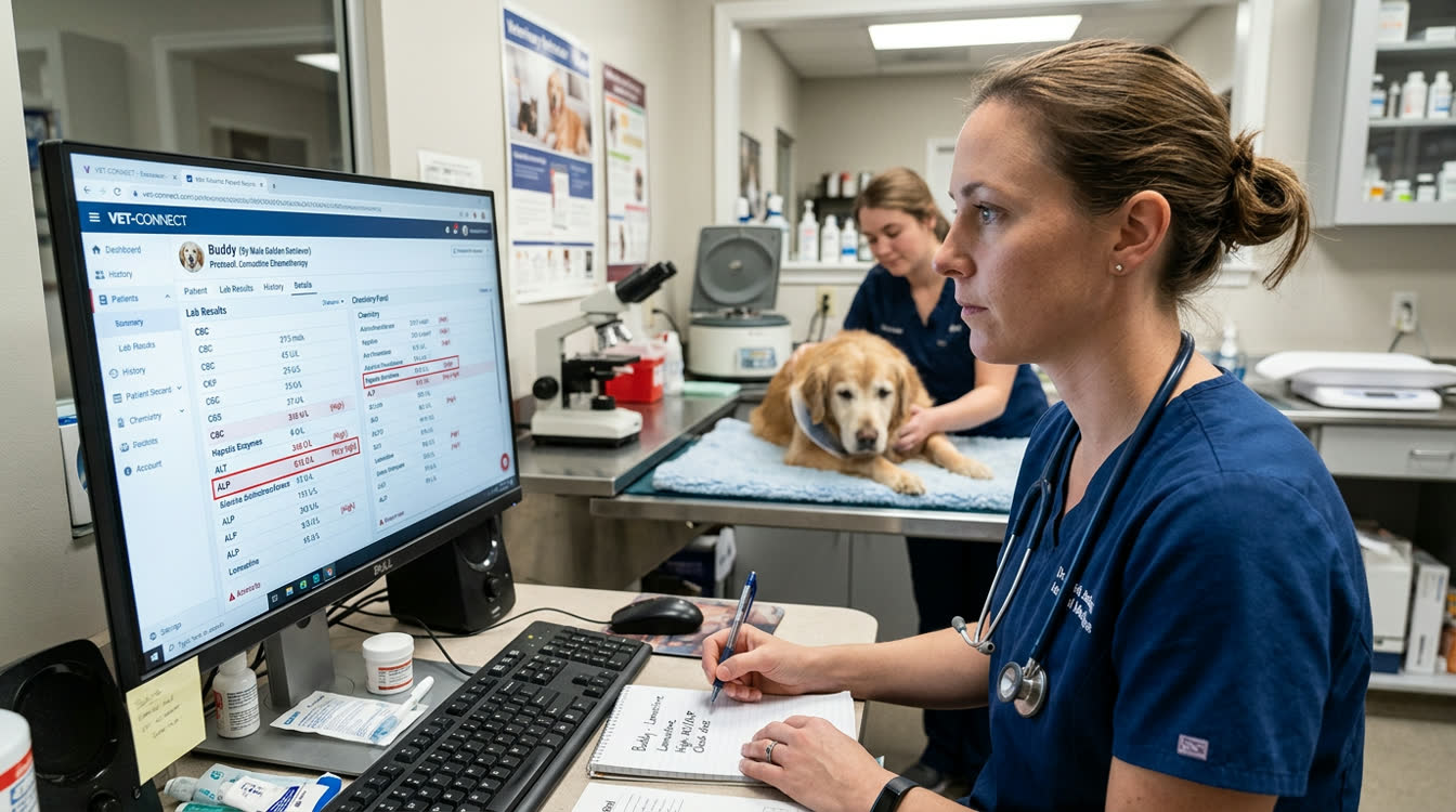 Veterinarian reviewing liver enzyme values for a dog on lomustine therapy