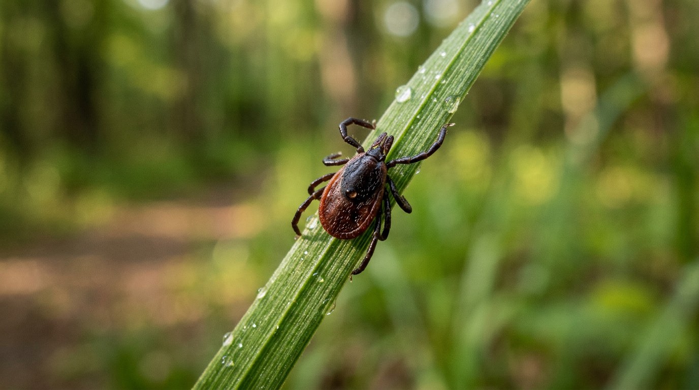 Engorged deer tick on a blade of grass in a woodland setting