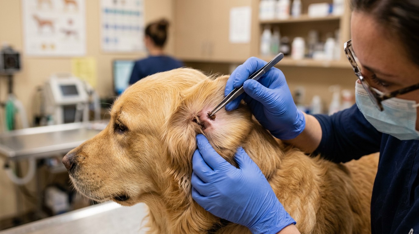 Veterinarian removing a tick from a dog with fine-tipped tweezers