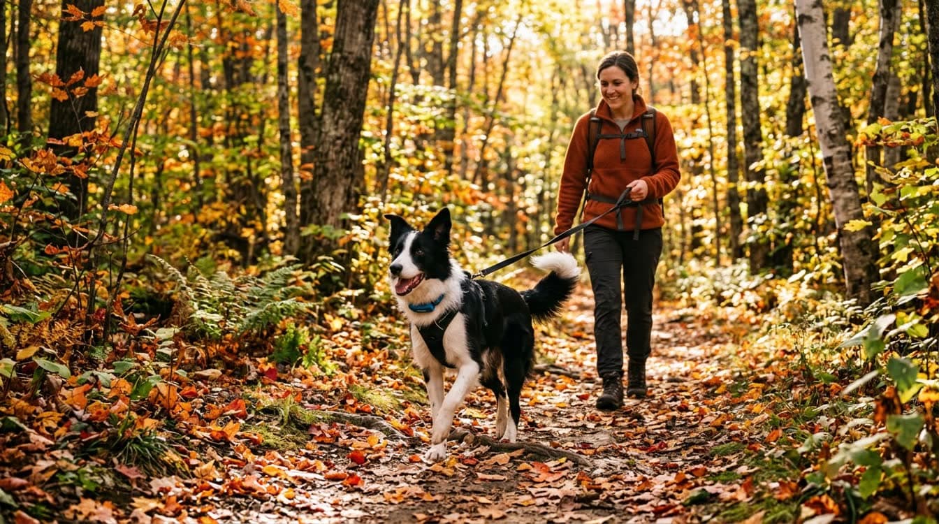 Dog wearing a tick prevention collar hiking through a wooded trail