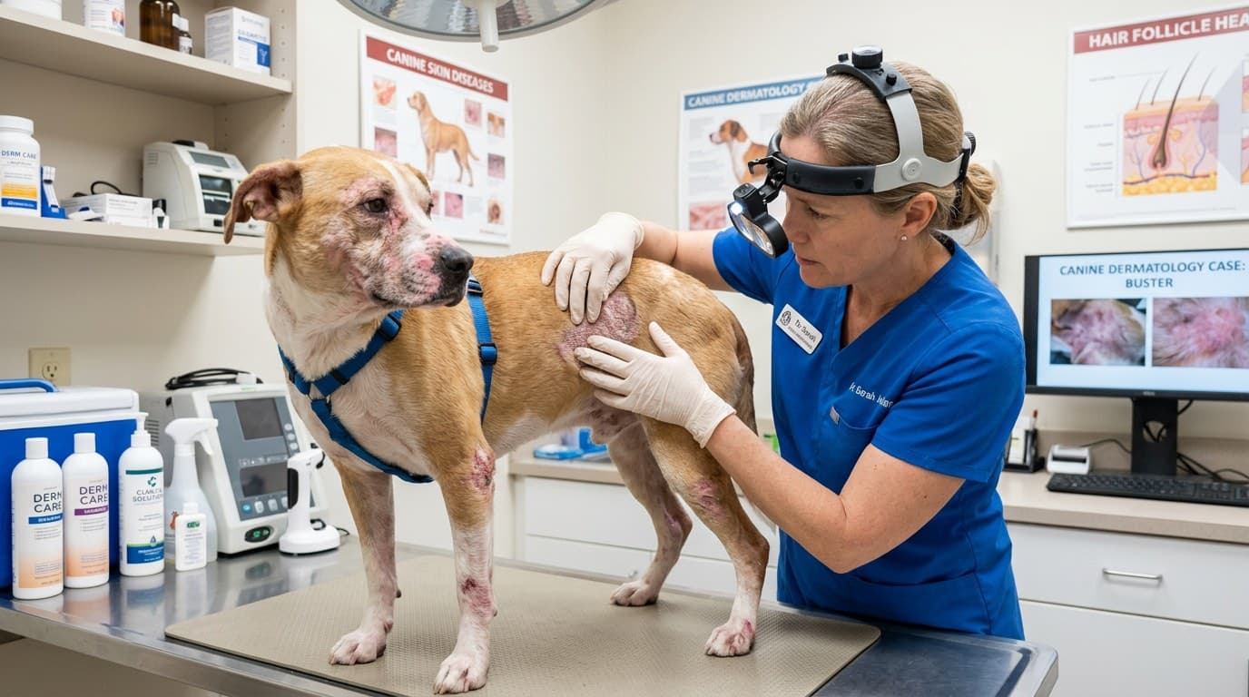 Veterinary dermatologist examining a dog with skin lesions consistent with mange
