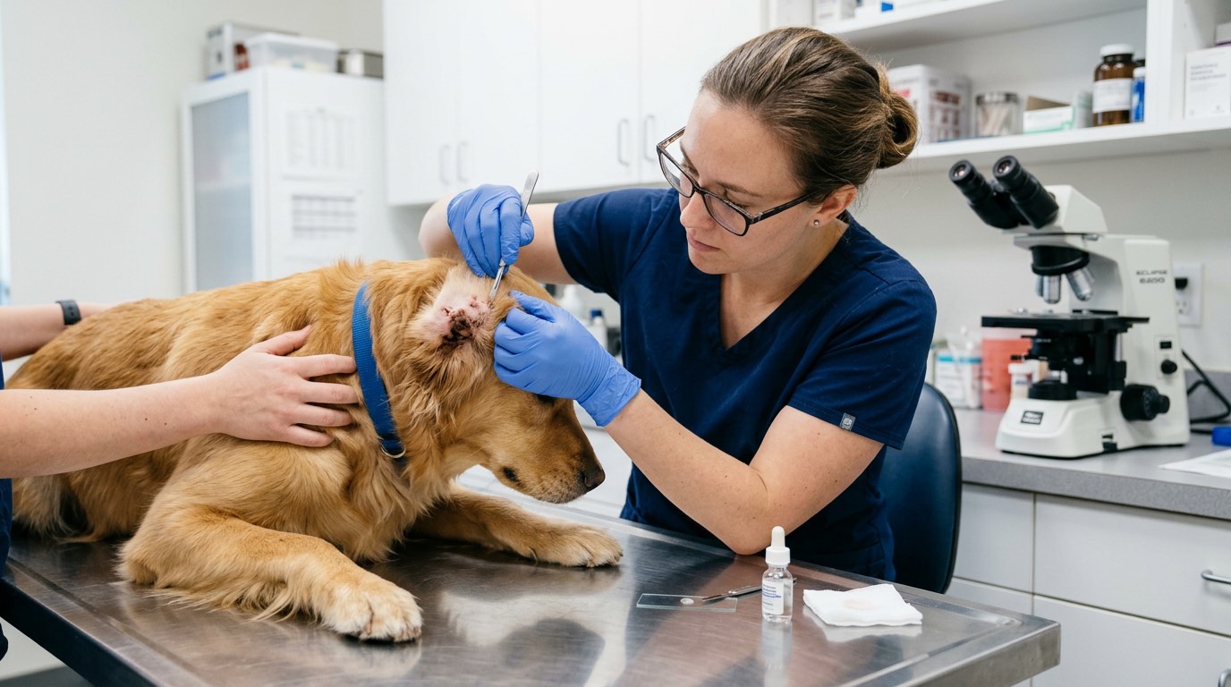 Veterinary technician performing a skin scraping on a dog for mange diagnosis