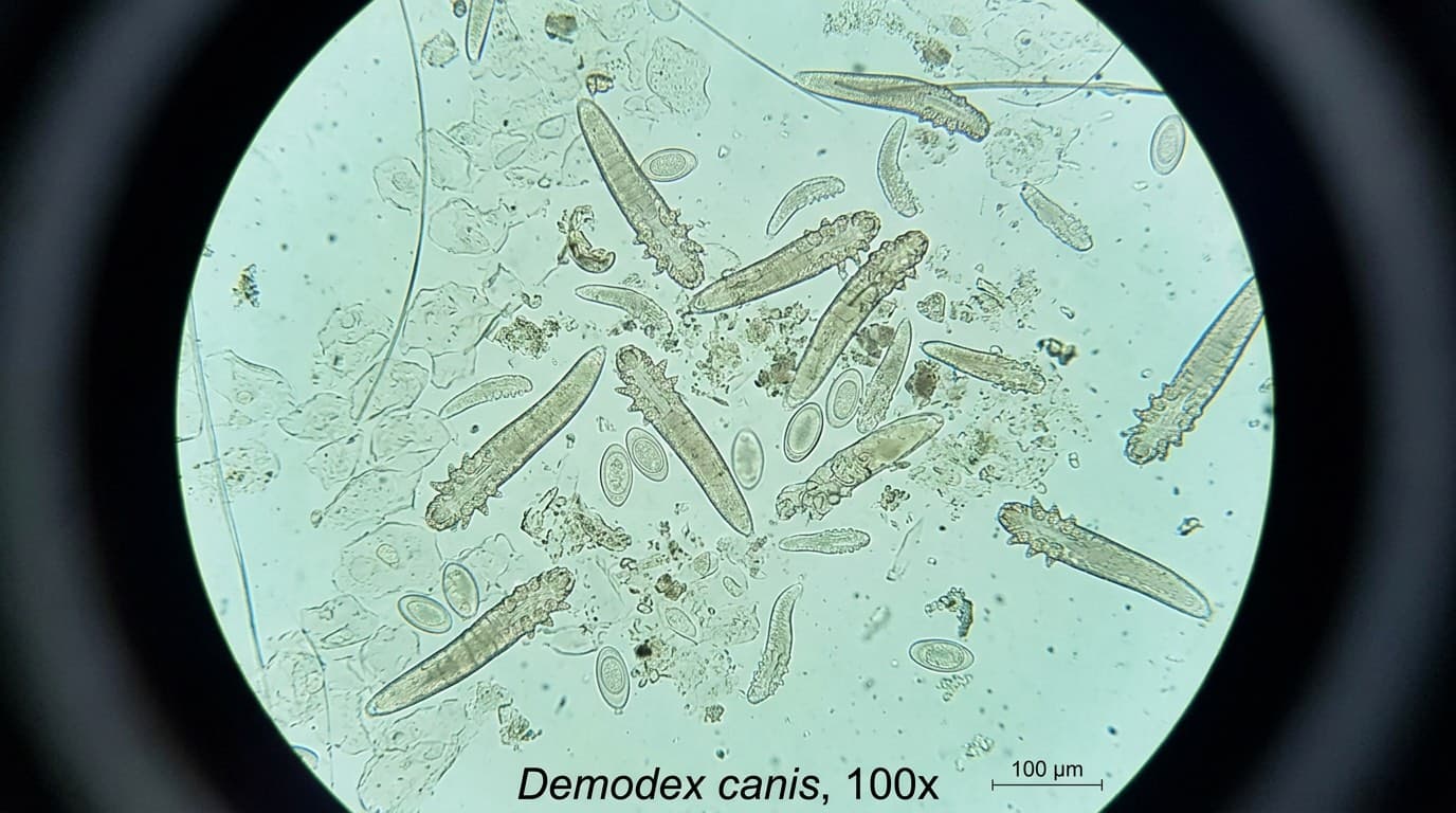 Microscopic view of Demodex canis mites and eggs on a skin scraping slide