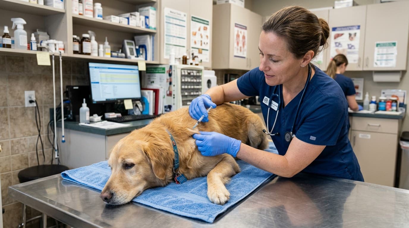 Veterinarian administering maropitant injection to a nauseous dog