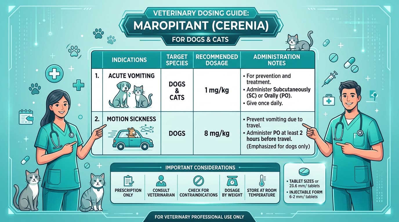 Maropitant dosing chart for dogs and cats by indication and route