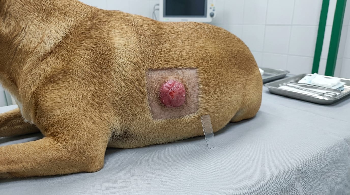 Skin mast cell tumor on a dog flank being evaluated for fine needle aspirate