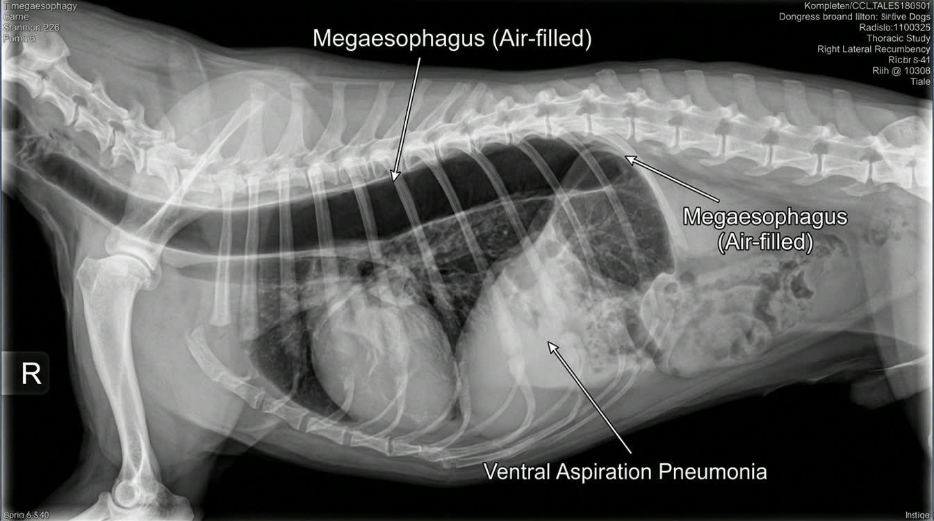 Lateral chest radiograph showing air-filled dilated esophagus in a dog with megaesophagus